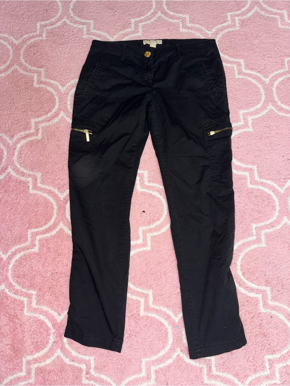 MICHAEL Michael Kors Black Cargo Pants with Gold Zippers